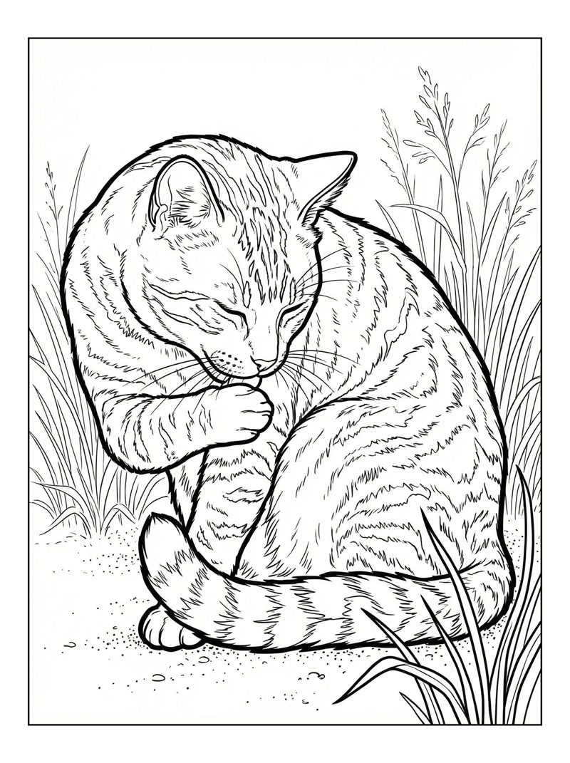 Tabby Cat Grooming In Grass