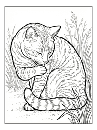 Tabby Cat Grooming In Grass