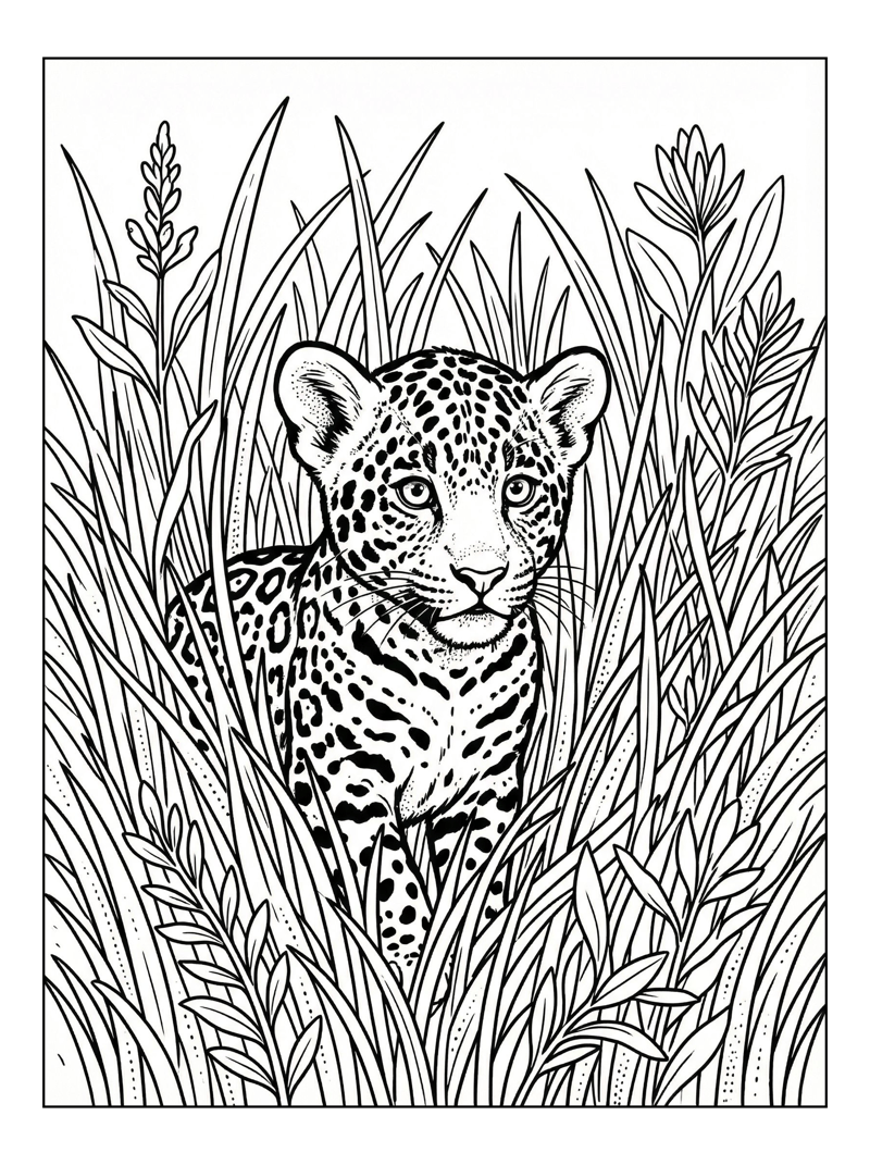 Jaguar Cub Watching In Tall Grass