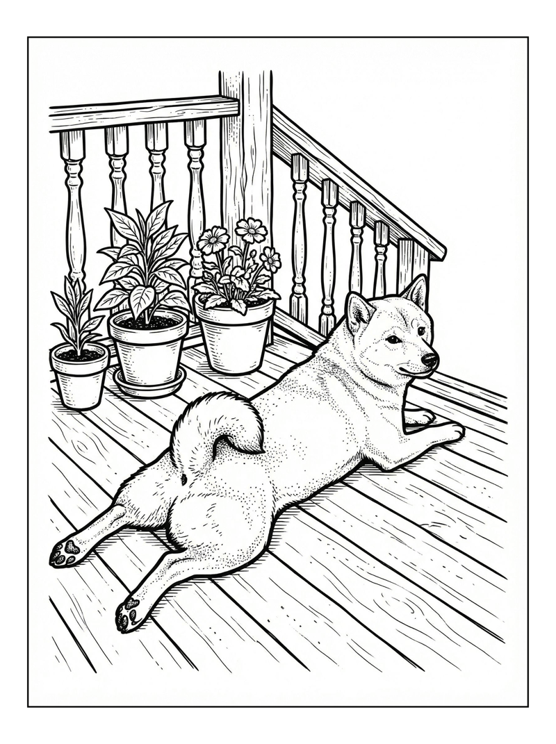 Shiba Inu Dog Splooting On Porch