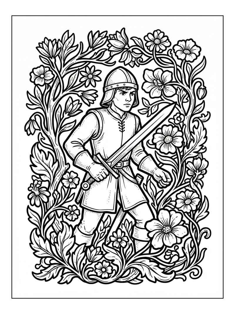 Young Squire Holds Broadsword In Meadow