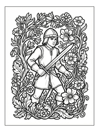 Young Squire Holds Broadsword Amidst Flowers