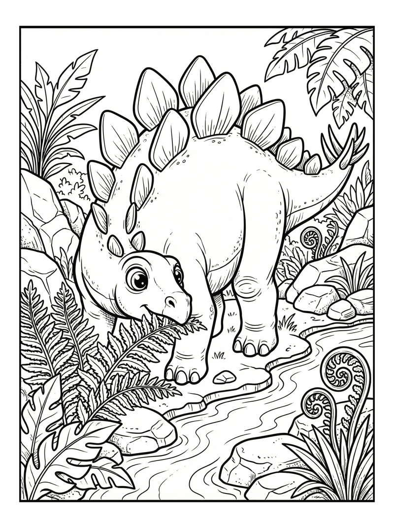 Stegosaurus Eating Ferns By Riverbank
