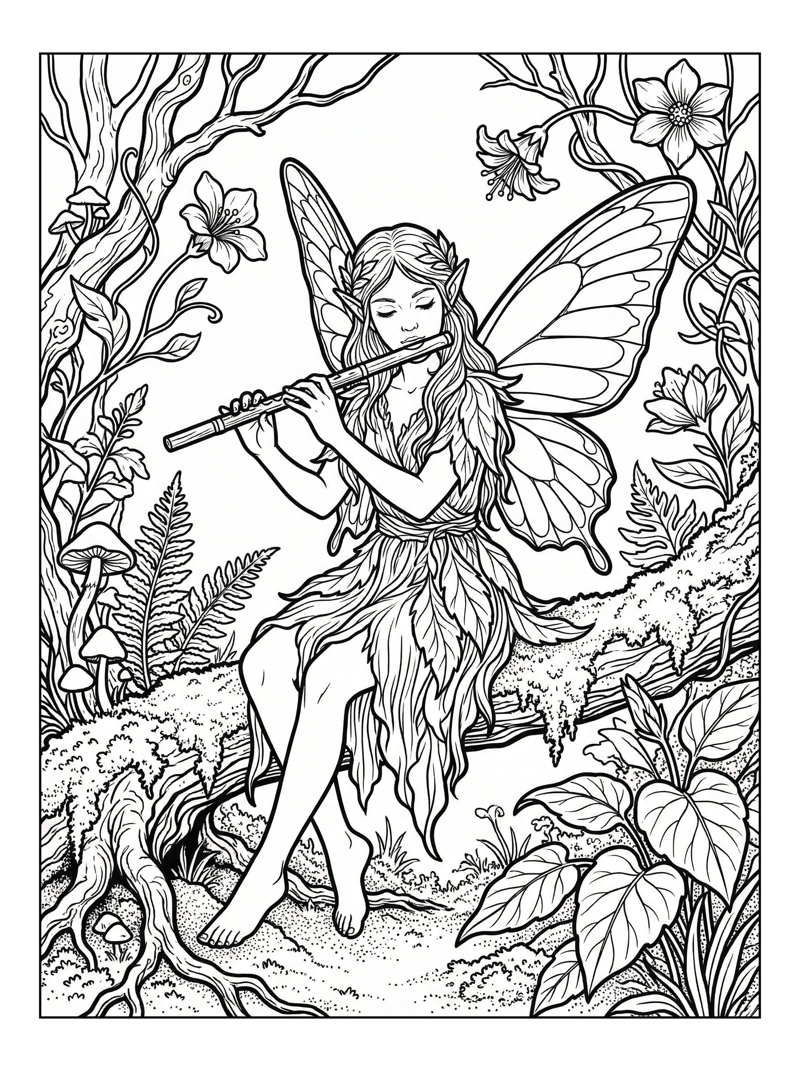 Woodland Fairy Playing Flute In Forest