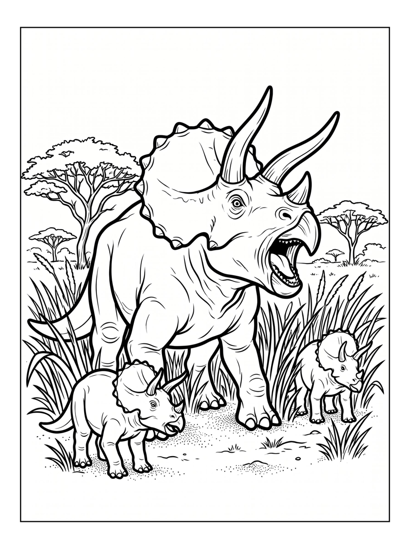 Triceratops Mother Babies Roaring In Savannah