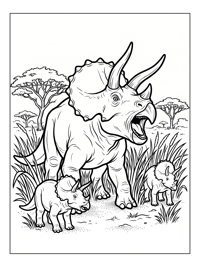 Triceratops Mother Babies Roaring In Savannah