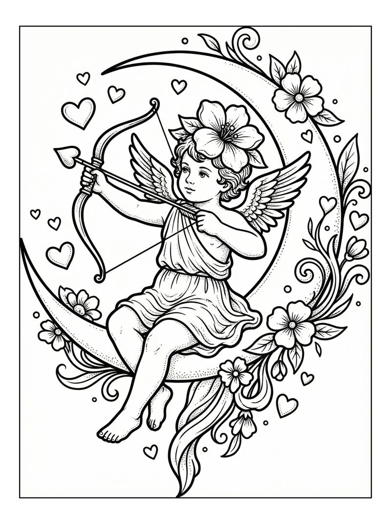 Cupid Aims Bow On Crescent Moon