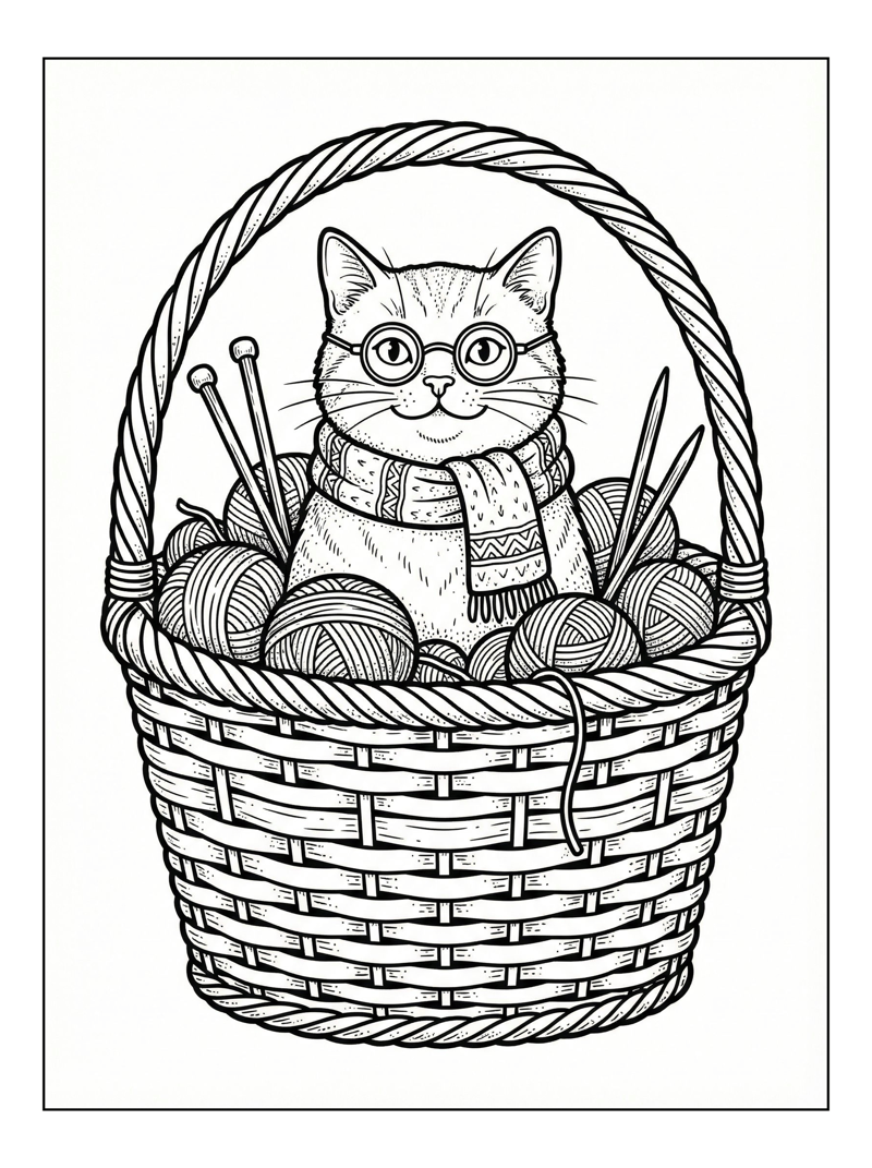 Cat In Basket With Yarn And Knitting Needles