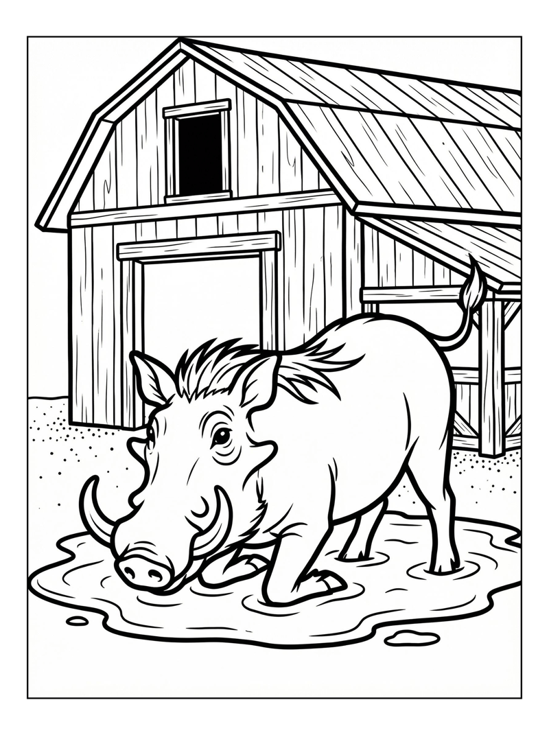 Warthog Wallowing Near Rustic Barn