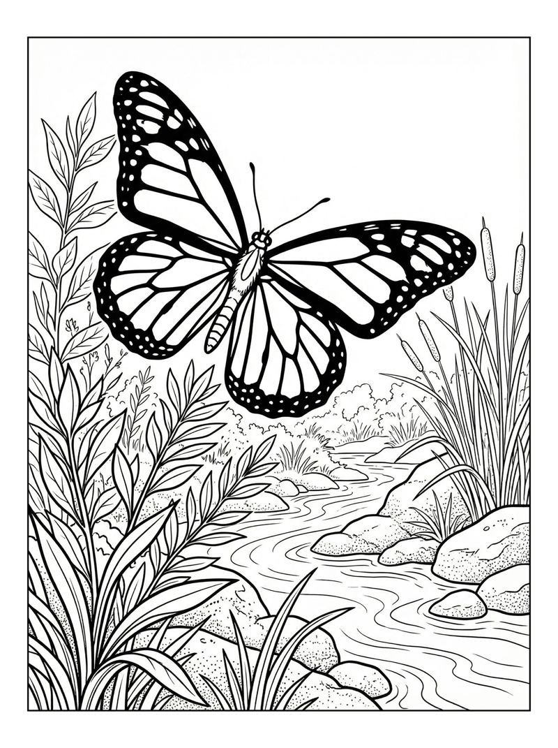 Monarch Butterfly Flying Over River Bank