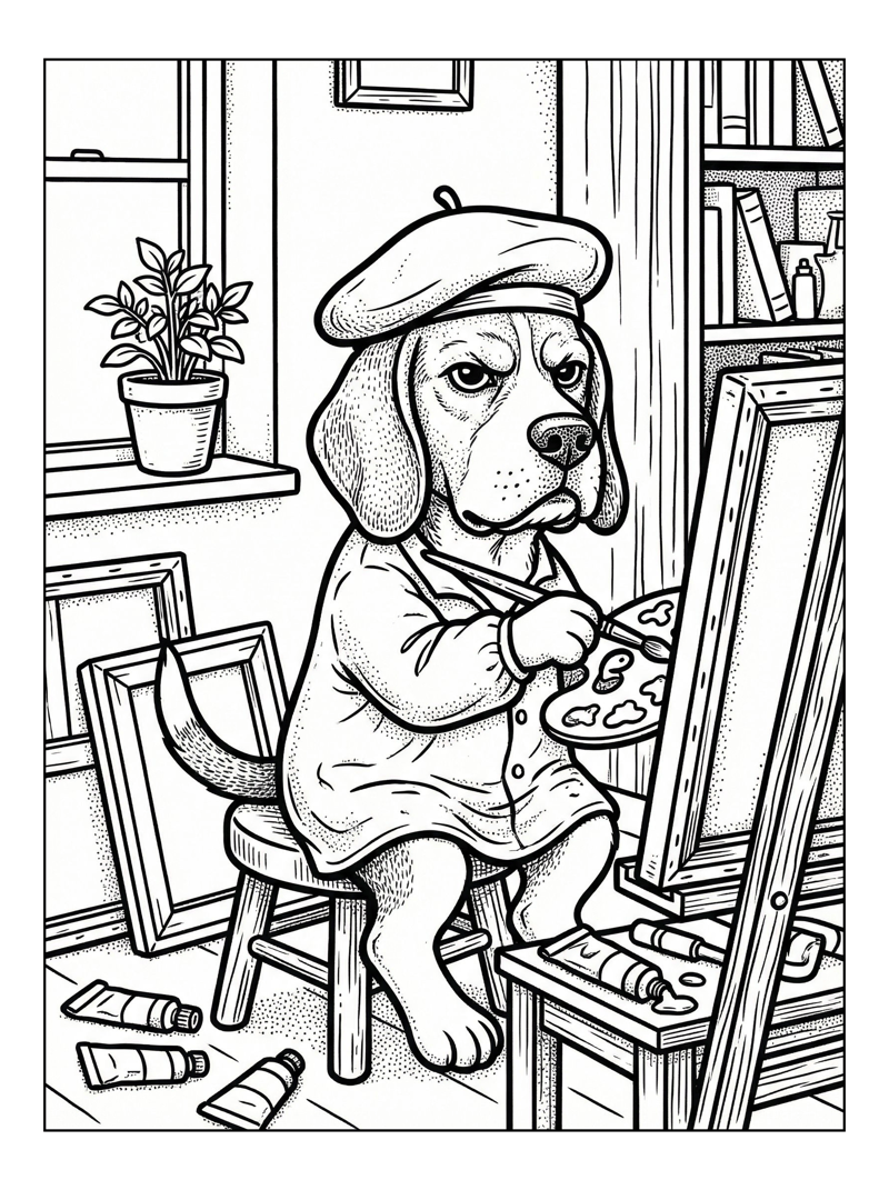 Coloring page of Grumpy Beagle Painting In Apartment Studio