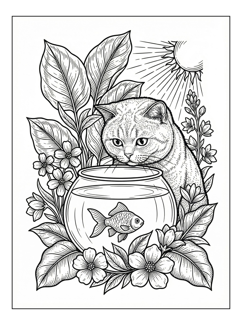 British Shorthair Cat Looks Into Fishbowl