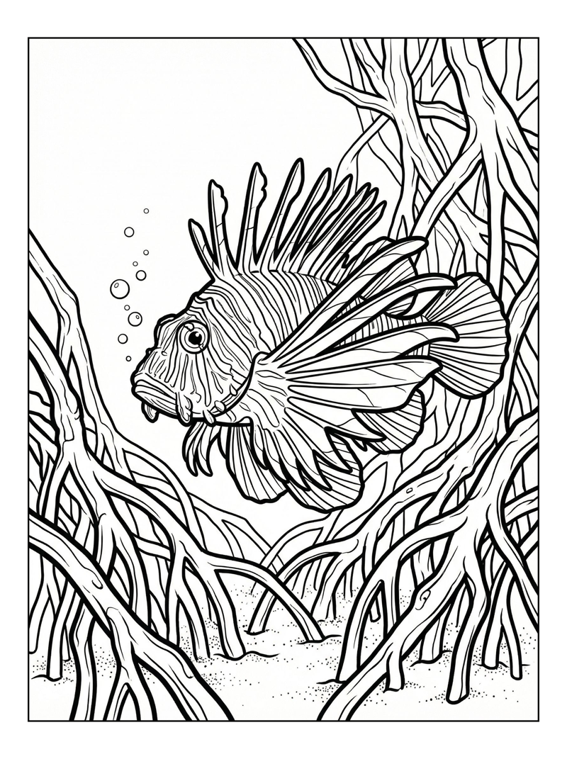 Lionfish Bubbling Among Mangrove Roots