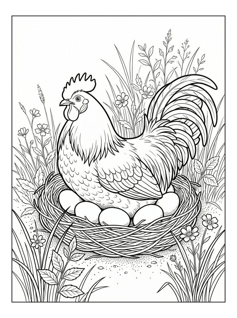 Rooster Sitting On Eggs In Nest