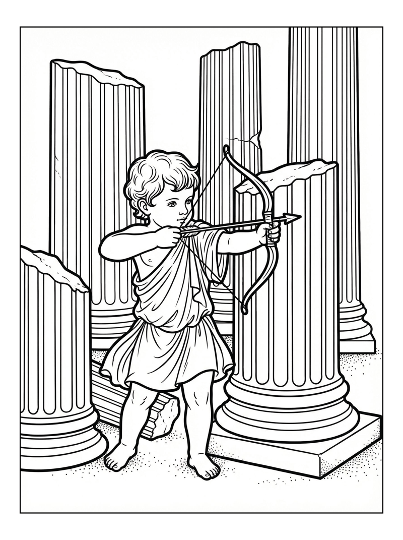 Toddler Cupid Aiming Among Ancient Columns