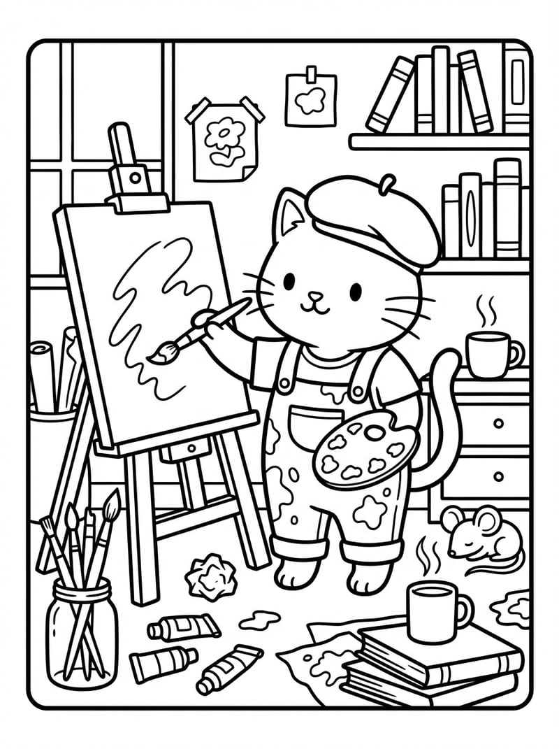 Artist Cat Painting On Easel In Studio