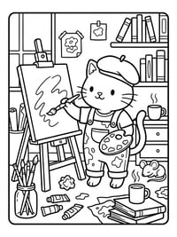 Artist Cat Painting On Easel In Studio