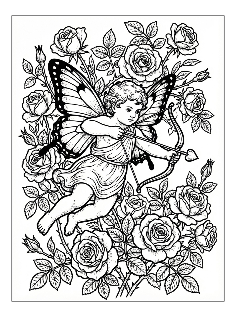 Cupid Flying Aiming Arrow With Roses