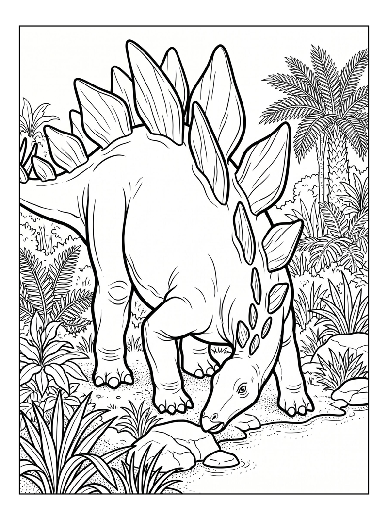 Stegosaurus Drinking In Lush Meadow