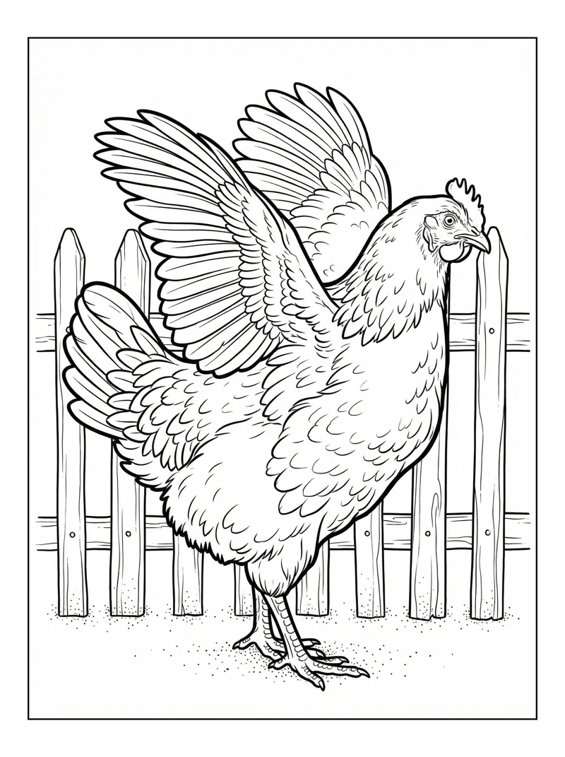Mother Hen Stretching Wings At Fence