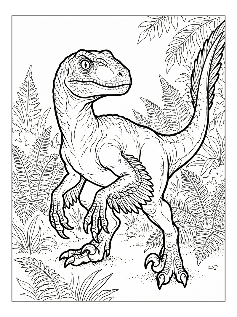 Velociraptor Crouching In Fern Forest