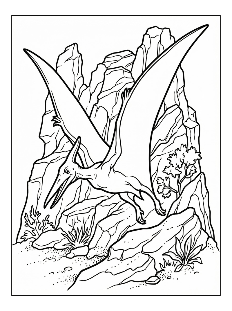 Pterodactyl Soaring Amidst Rocky Outcrops