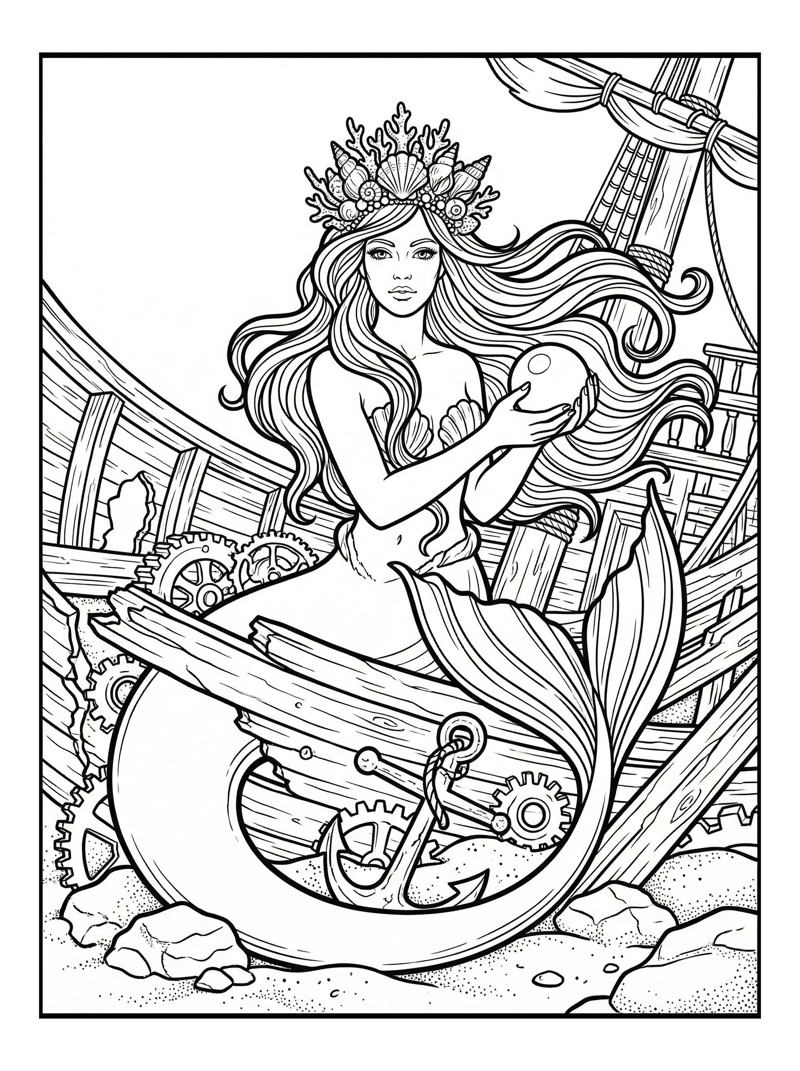 Mermaid Queen Holds Pearl In Shipwreck