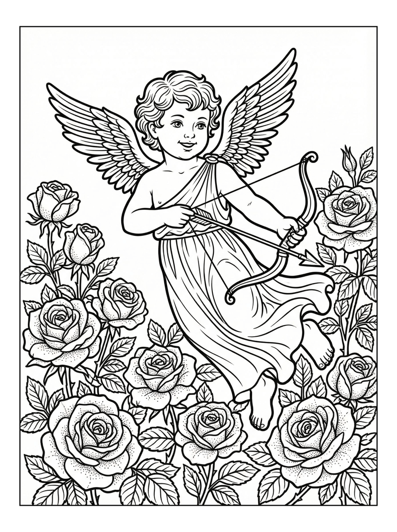 Winged Cupid Floats Among Blooming Roses