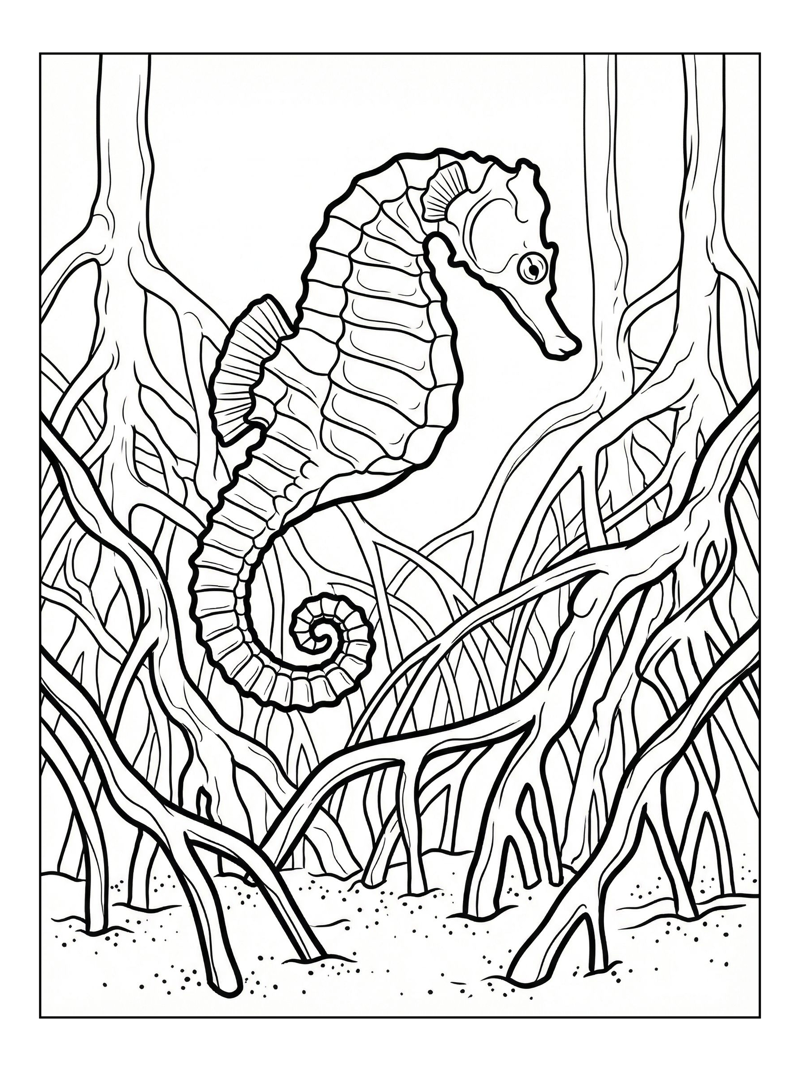 Seahorse Jumping Among Mangrove Roots