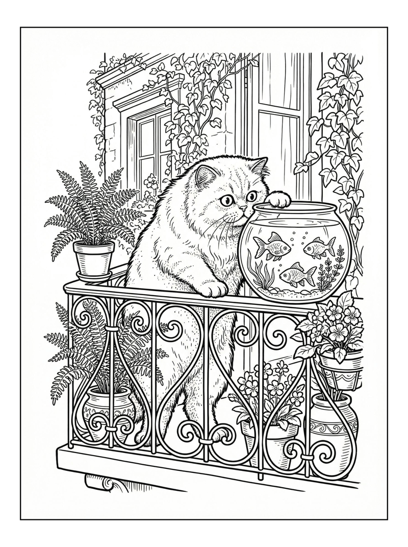 Persian Cat Peeks Fishbowl On Balcony