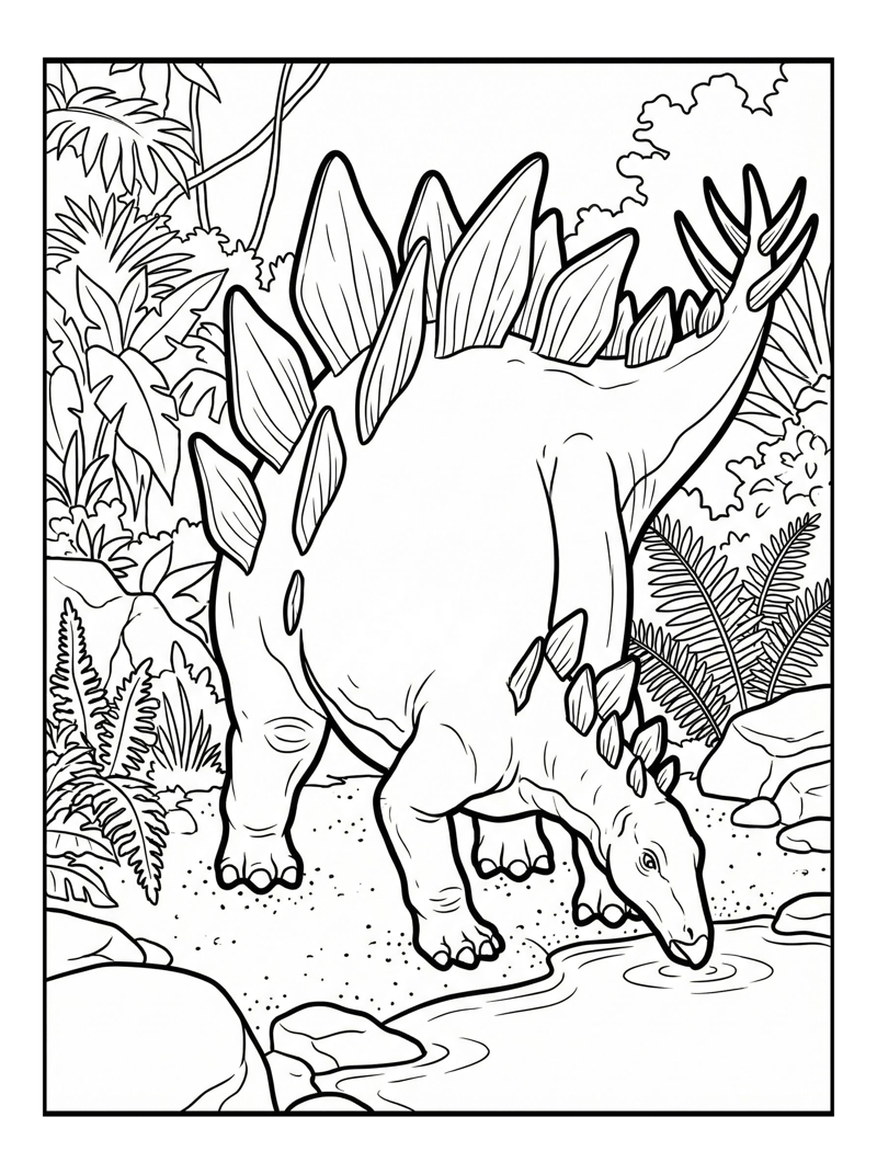 Stegosaurus Drinking In Jungle Clearing
