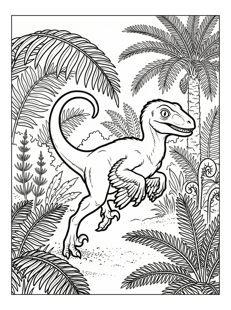 Baby Velociraptor Leaping In Fern Forest