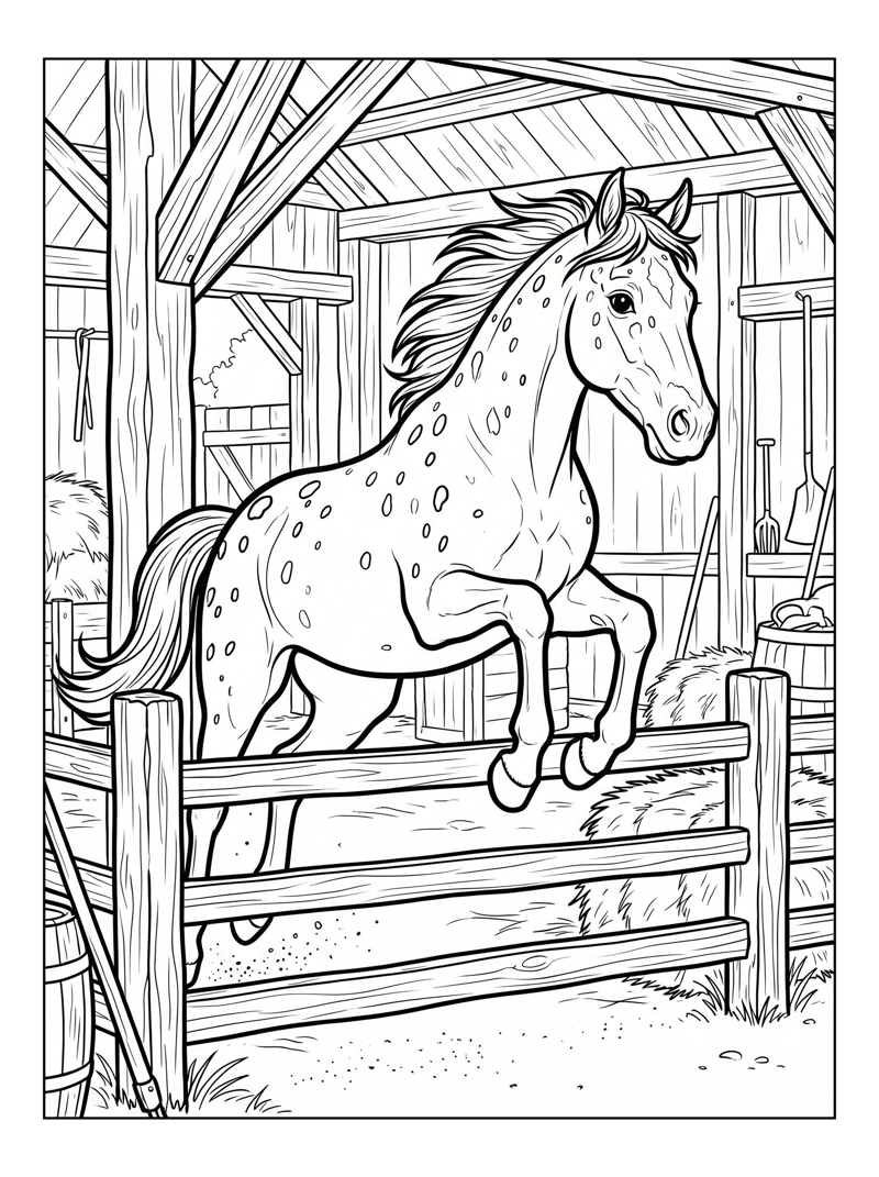 Appaloosa Horse Jumping In Rustic Stable