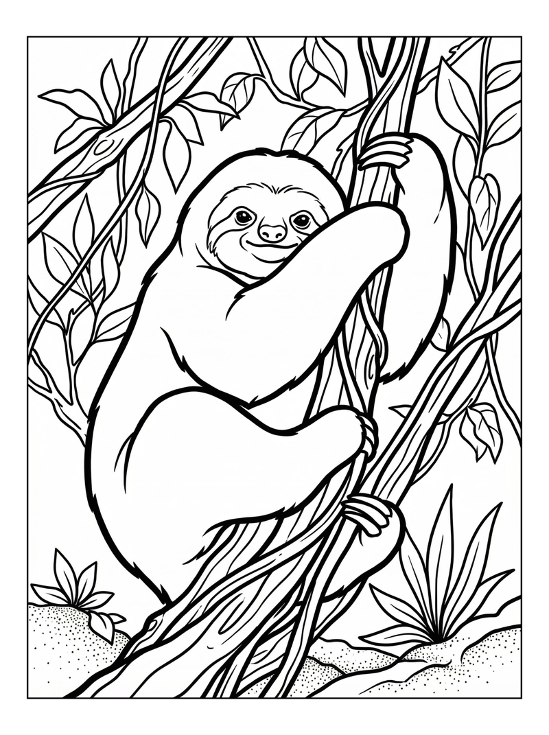 Coloring page of Linnaeus Two Toed Sloth Hugging Vine Branches