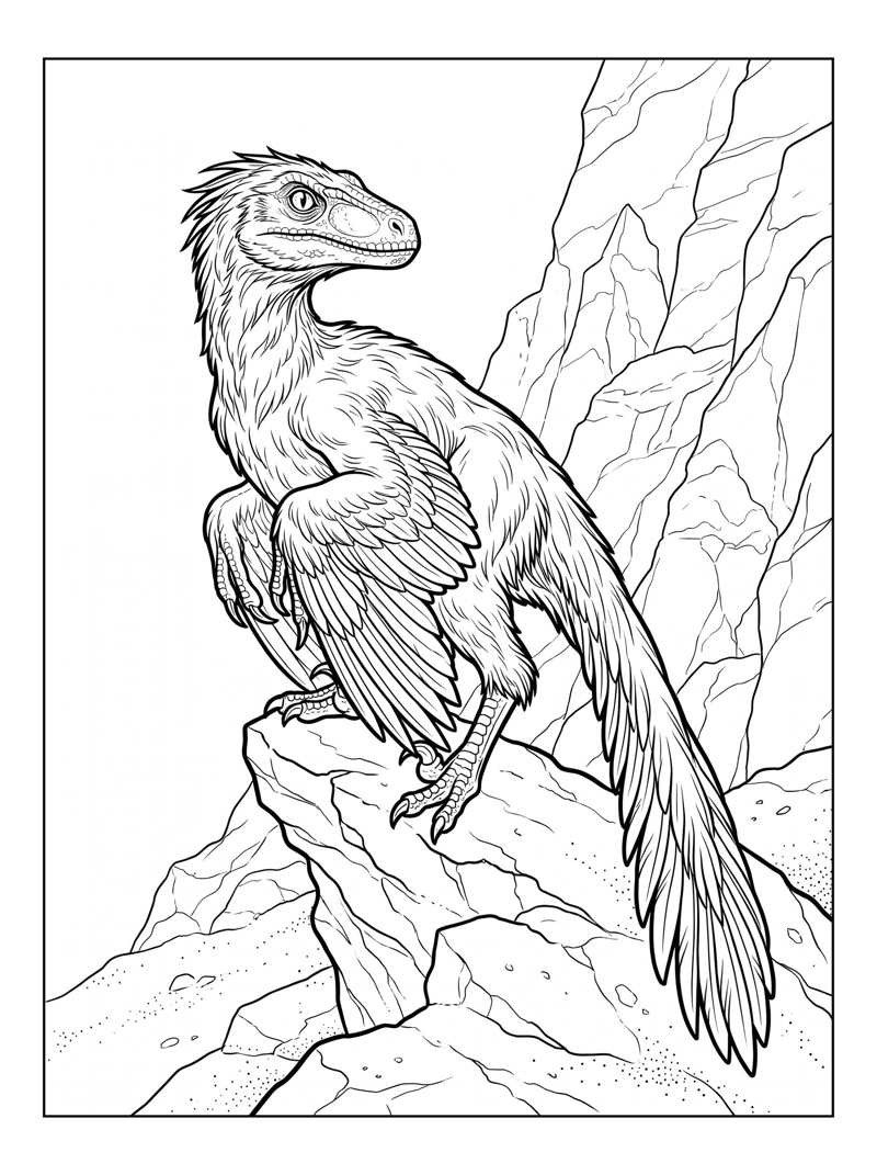 Feathered Velociraptor Perching On Rocky Outcrop