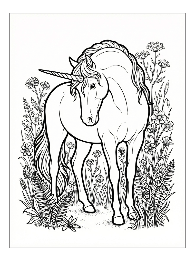 Coloring page of Regal Unicorn Bowing Among Flowers