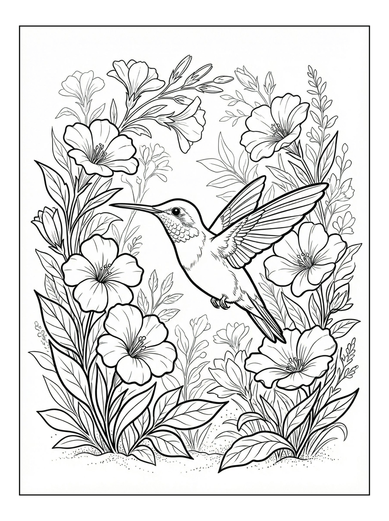 Hummingbird Gliding In Flower Garden