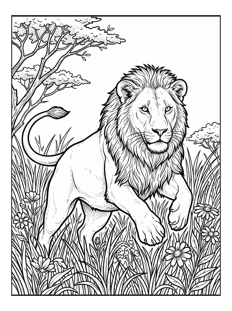 Male Lion Prowling Through Tall Grass