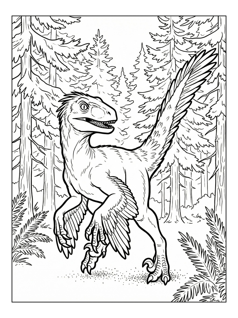 Feathered Velociraptor Prowling Coniferous Forest