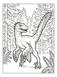 Feathered Velociraptor Prowling Coniferous Forest