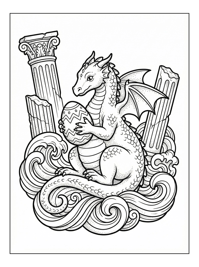 Dragon Holding Egg In Waves Pillars