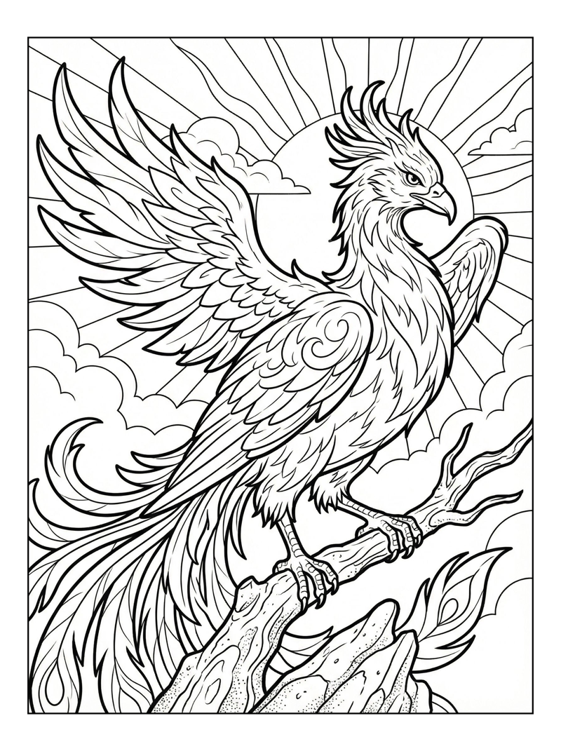 Ancient Fire Phoenix Perching In Sunlit Sky