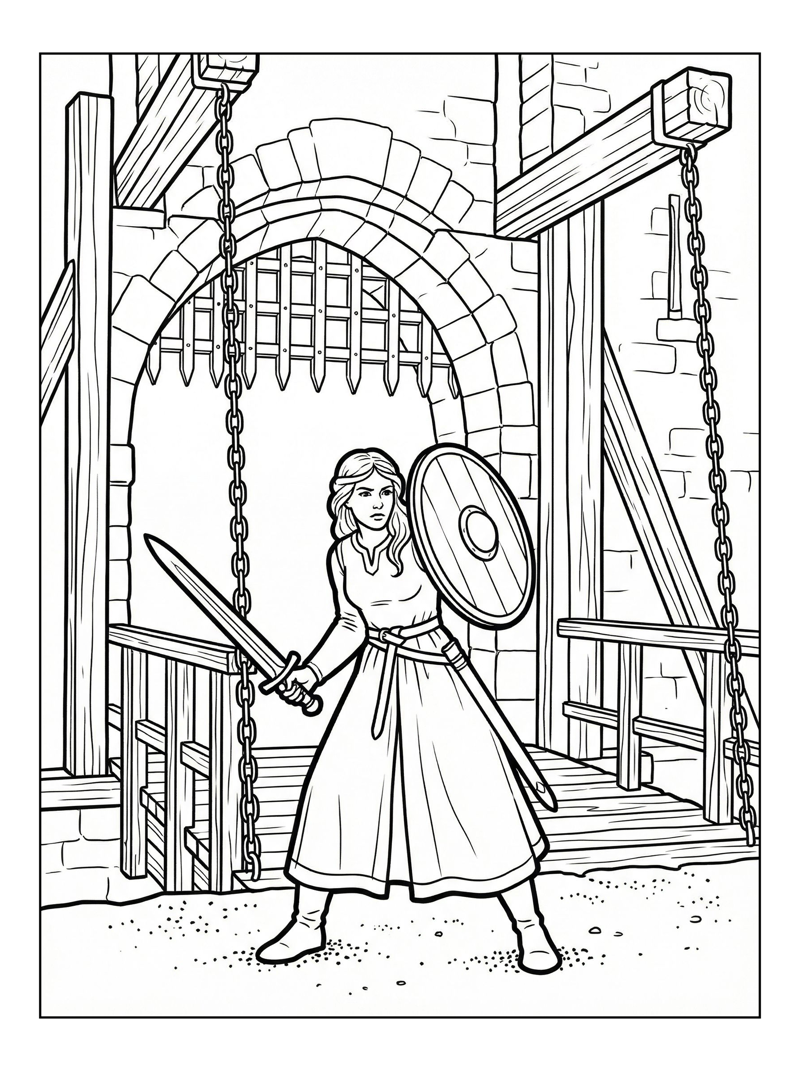 Shield Maiden Defending Castle Drawbridge