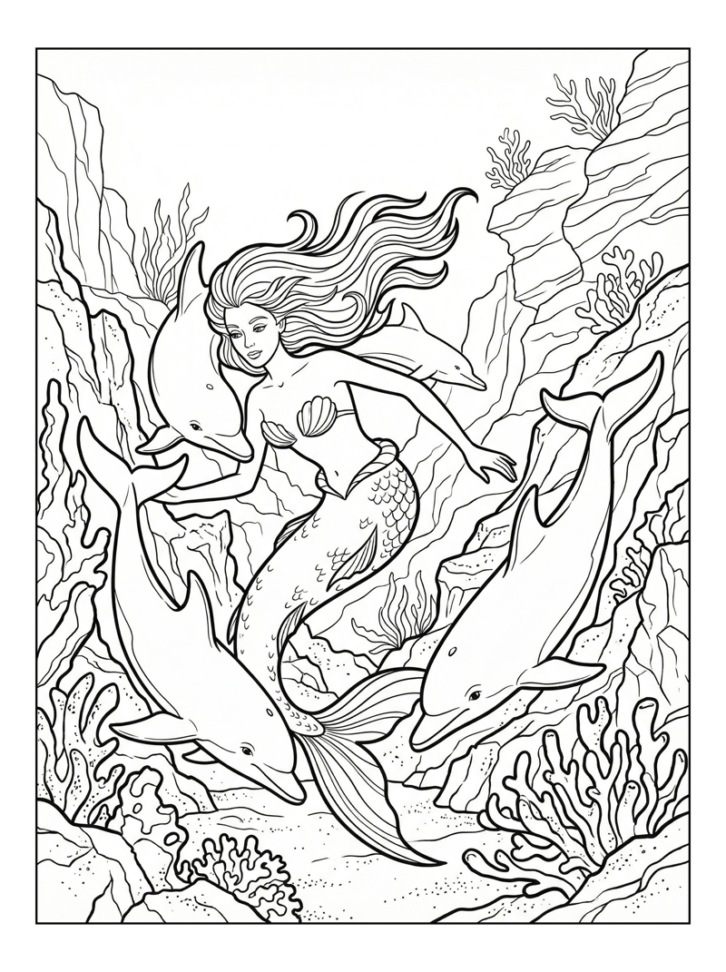 Mermaid Princess Playing With Dolphins