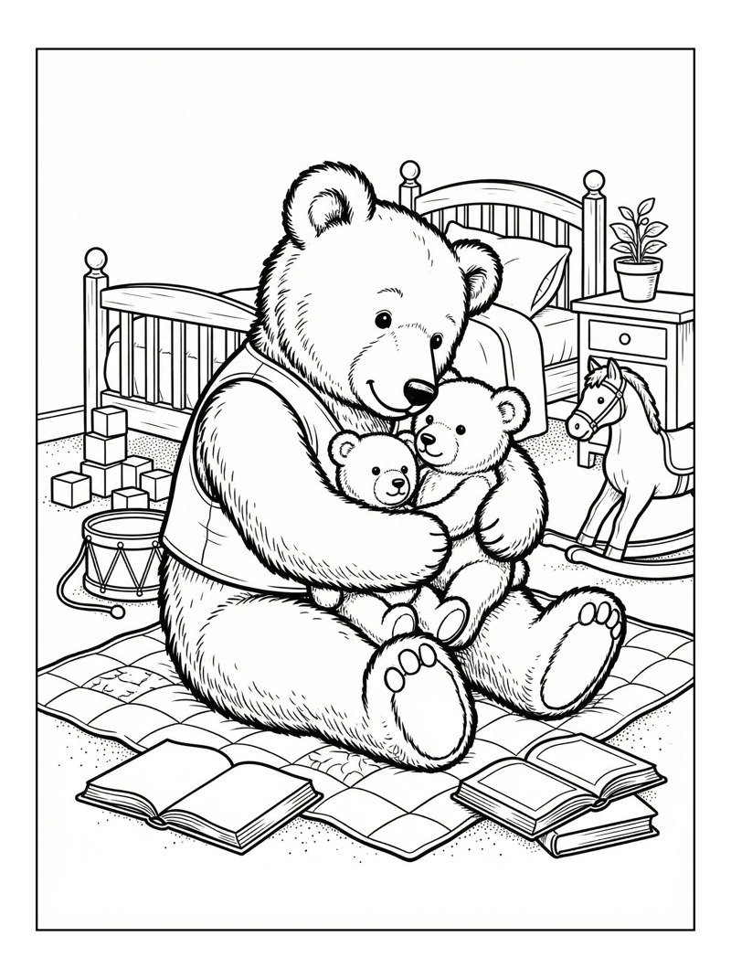 Teddy Bear Hugging Babies In Bedroom