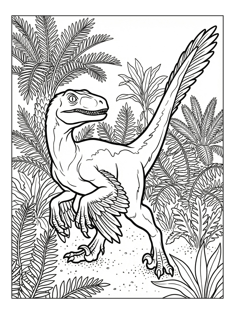 Velociraptor Crouching In Jungle Fern Forest
