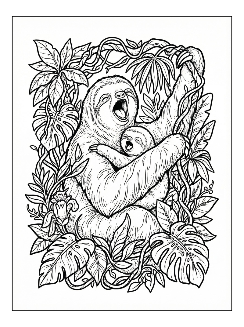 Sloth Mother Baby Yawning Jungle