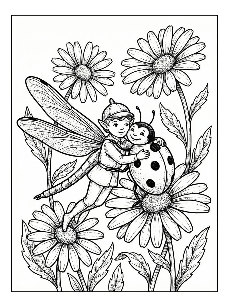 Dragonfly Fairy Hugs Ladybug Among Daisies