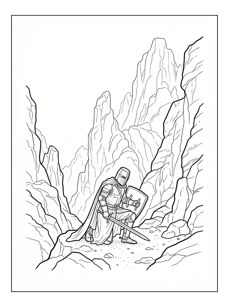 Crusader Kneeling In Mountain Pass