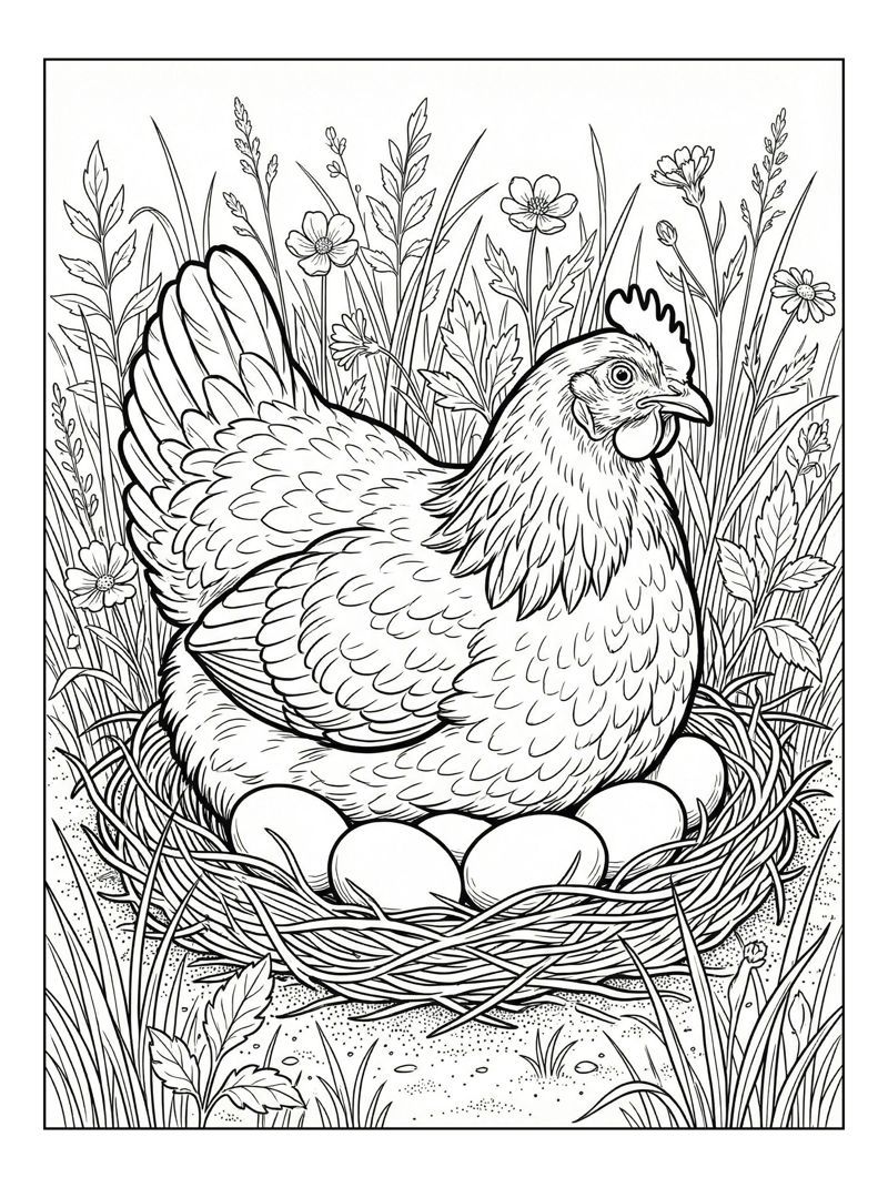 Hen Sitting On Eggs In Meadow